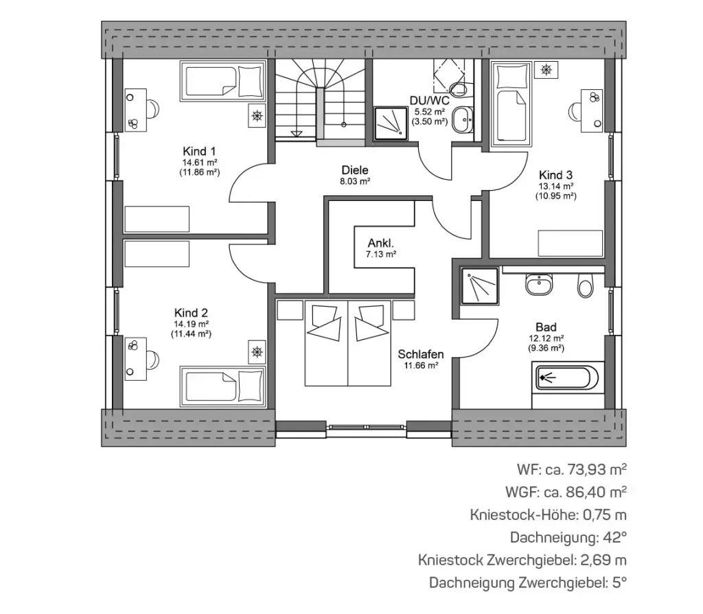 Grundriss einer Wohnung mit Zimmeraufteilung.