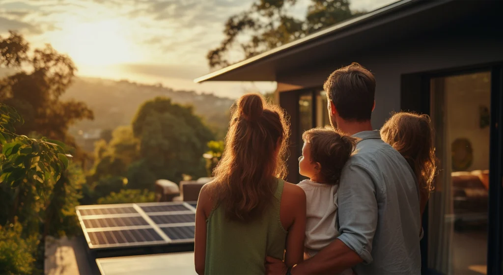 Personen blicken bei Sonnenuntergang auf Solarzellen.