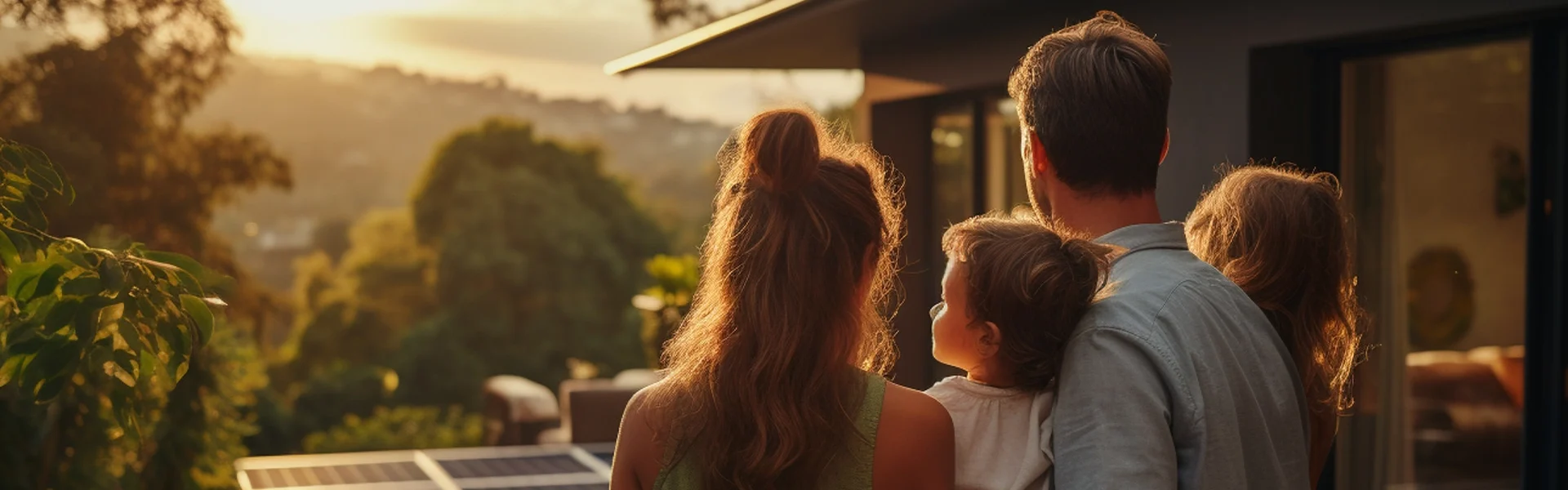 Personen blicken bei Sonnenuntergang auf Solarzellen.
