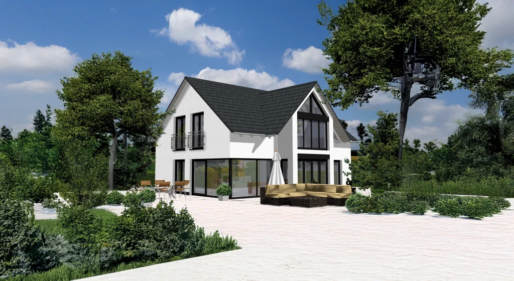 Modernes zweistöckiges Haus mit Terrasse.