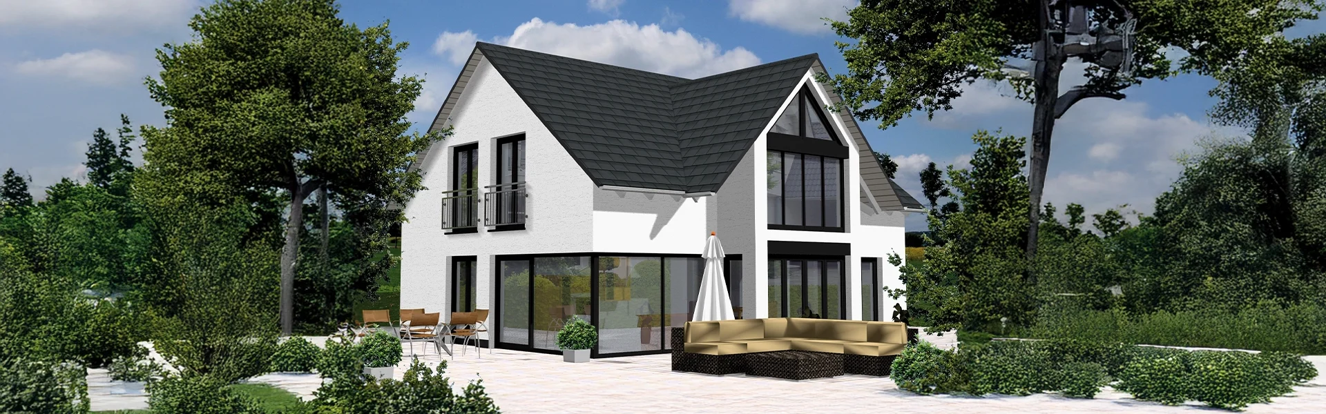 Modernes zweistöckiges Haus mit Terrasse.