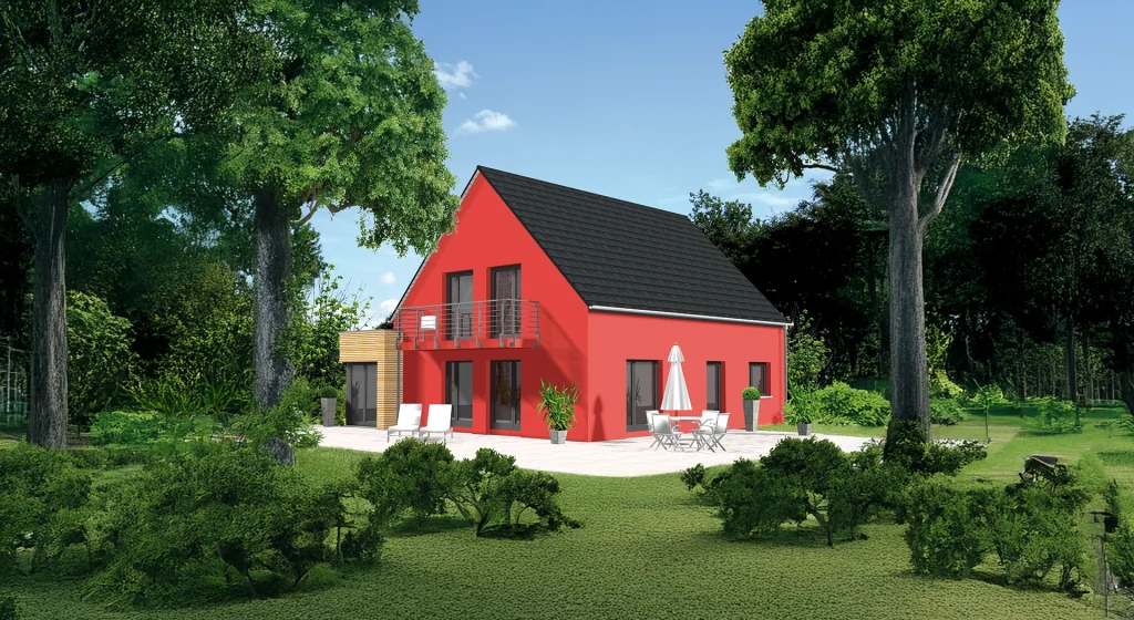 Rotes Haus mit Garten.