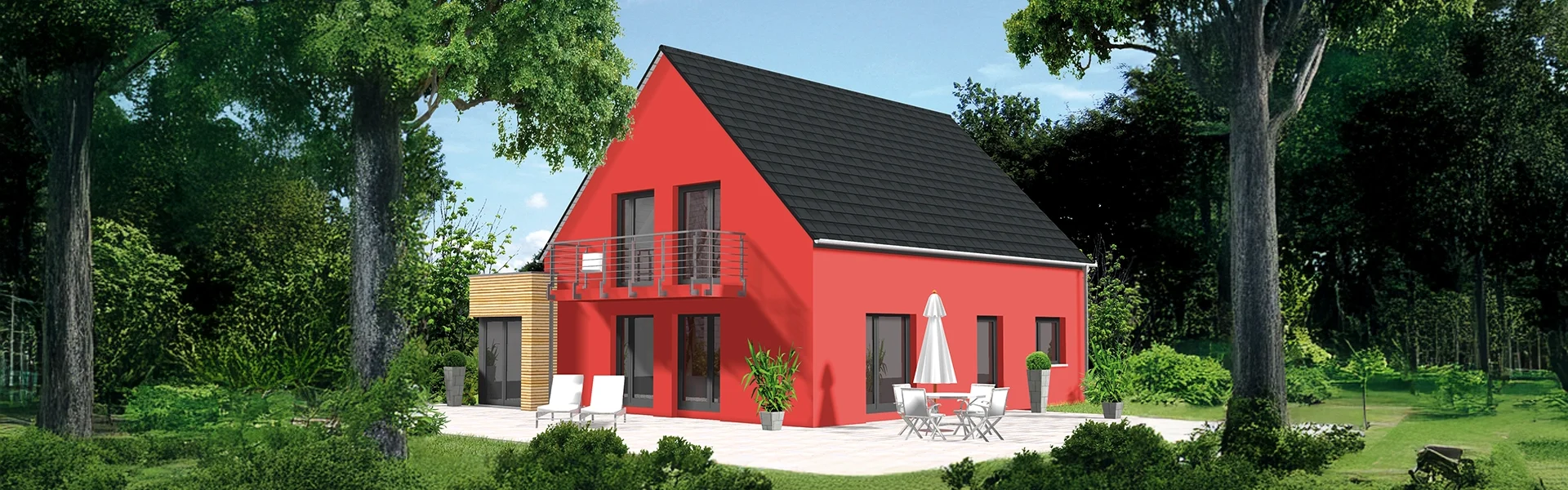 Rotes Haus mit Garten.