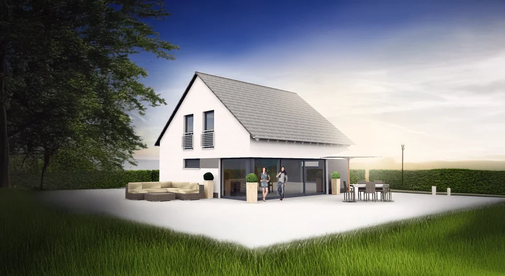 Zwei Personen vor einem modernen Einfamilienhaus.