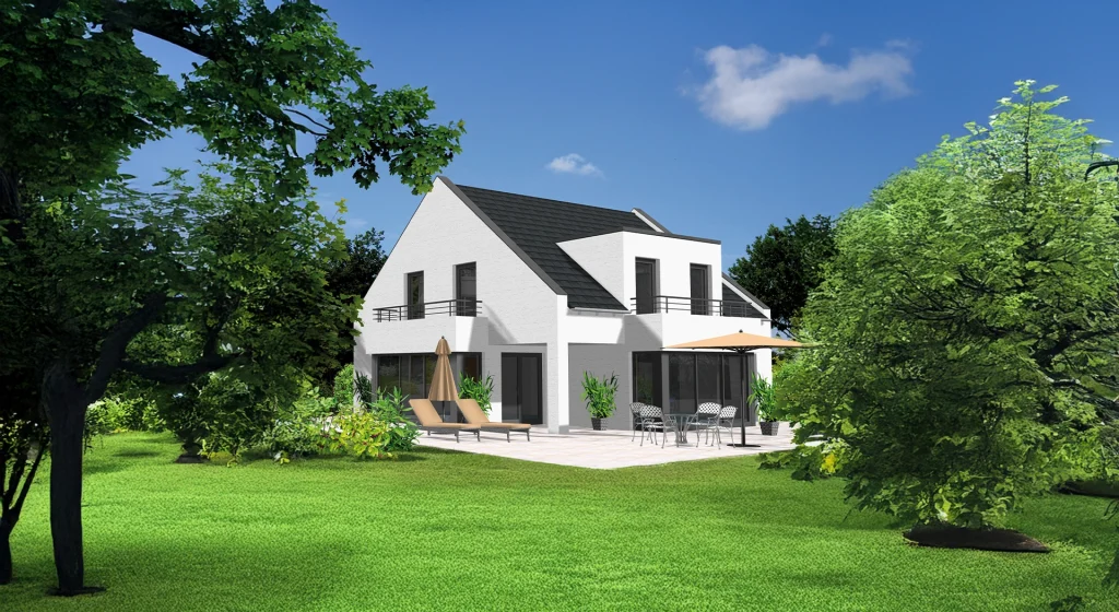 Modernes weißes Haus mit Terrasse und Sonnenschirmen.