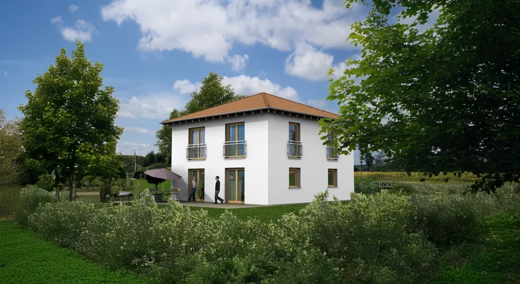 Zweistöckiges Haus und Personen im Garten.