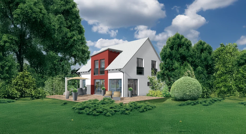 Neues Einfamilienhaus mit roter Fassade und Terrasse.