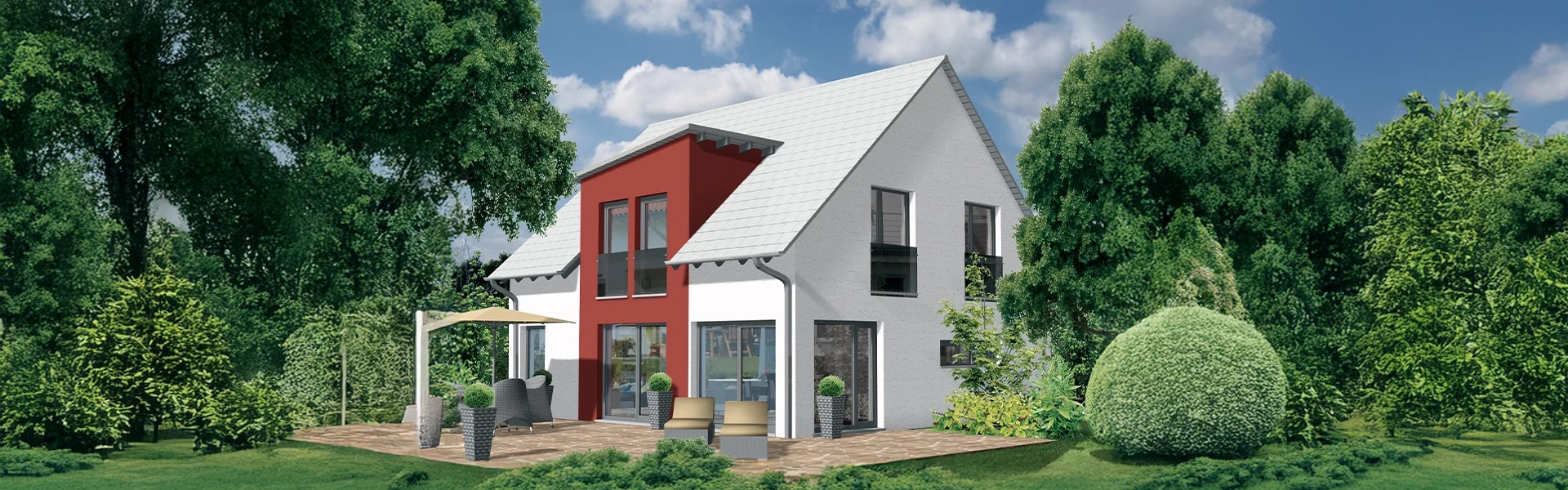 Neues Einfamilienhaus mit roter Fassade und Terrasse.