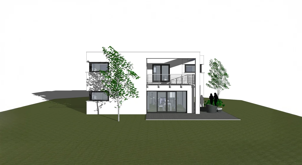 Architektonische Skizze eines modernen Hauses mit Garten.