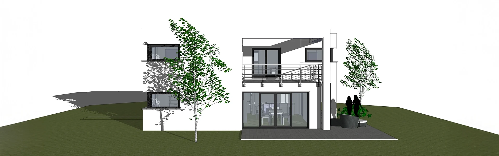 Architektonische Skizze eines modernen Hauses mit Garten.