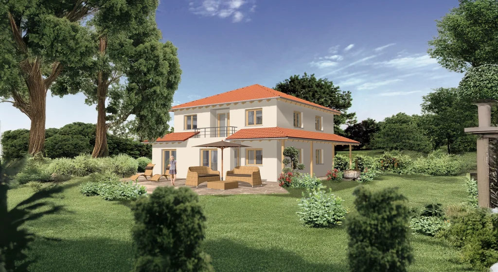 Zweistöckiges Haus mit Gartenmöbeln auf der Terrasse.