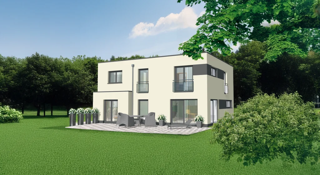 Modernes zweistöckiges Haus mit Terrasse und Garten.