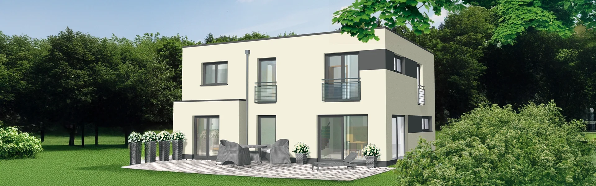 Modernes zweistöckiges Haus mit Terrasse und Garten.