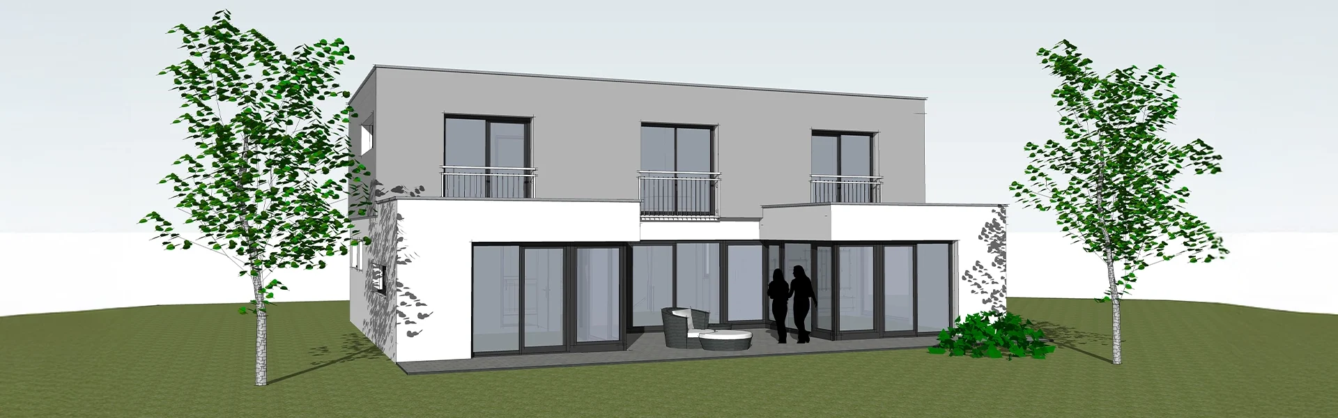 Zweistöckiges modernes Haus mit Personen im Garten.