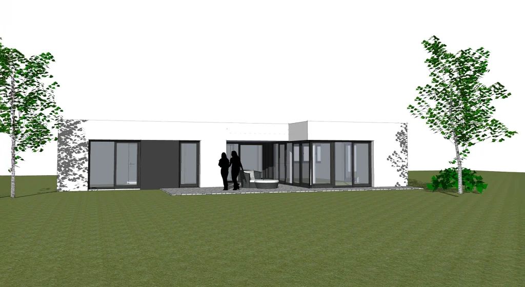 Minimalistisches Hausdesign mit Personen im Garten.