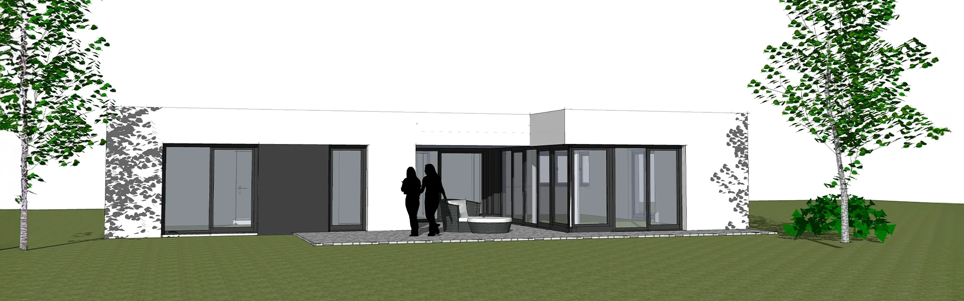 Minimalistisches Hausdesign mit Personen im Garten.