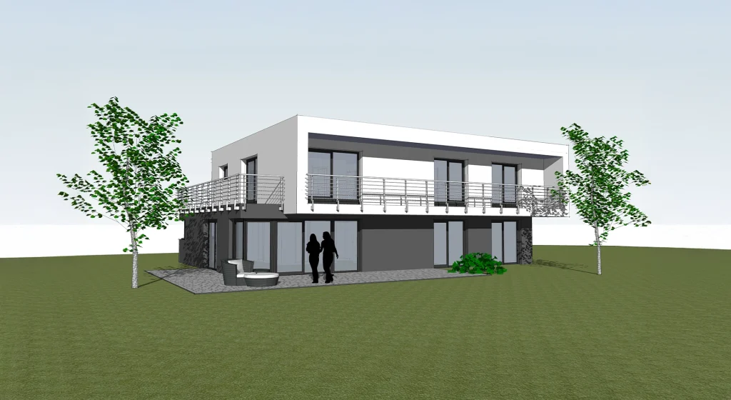 Moderne zweistöckige Architektur mit Personen und Bäumen im Garten.