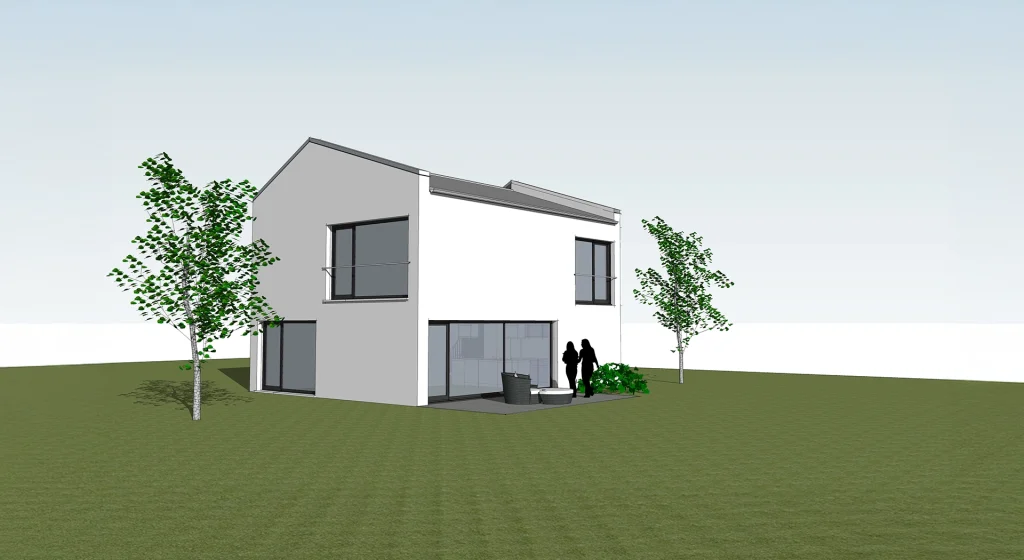 Zweistöckiges modernes Haus mit Garten.