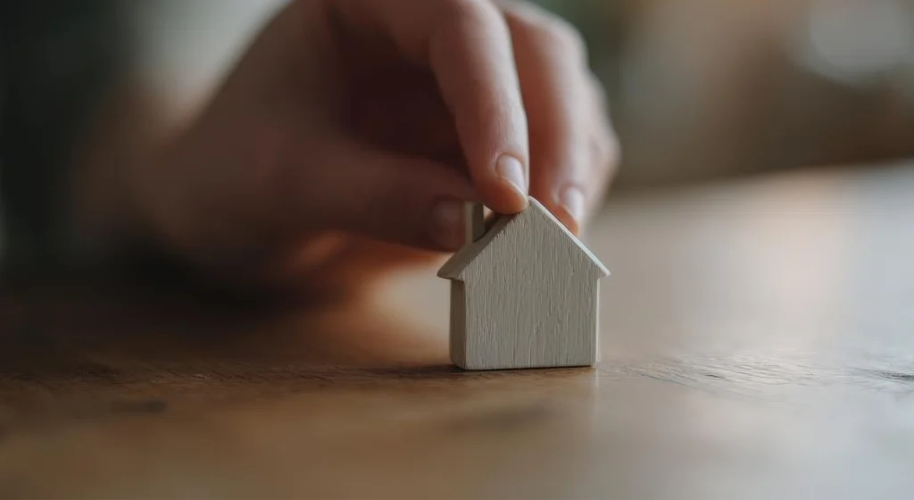 Hand hält kleines Modellhaus.