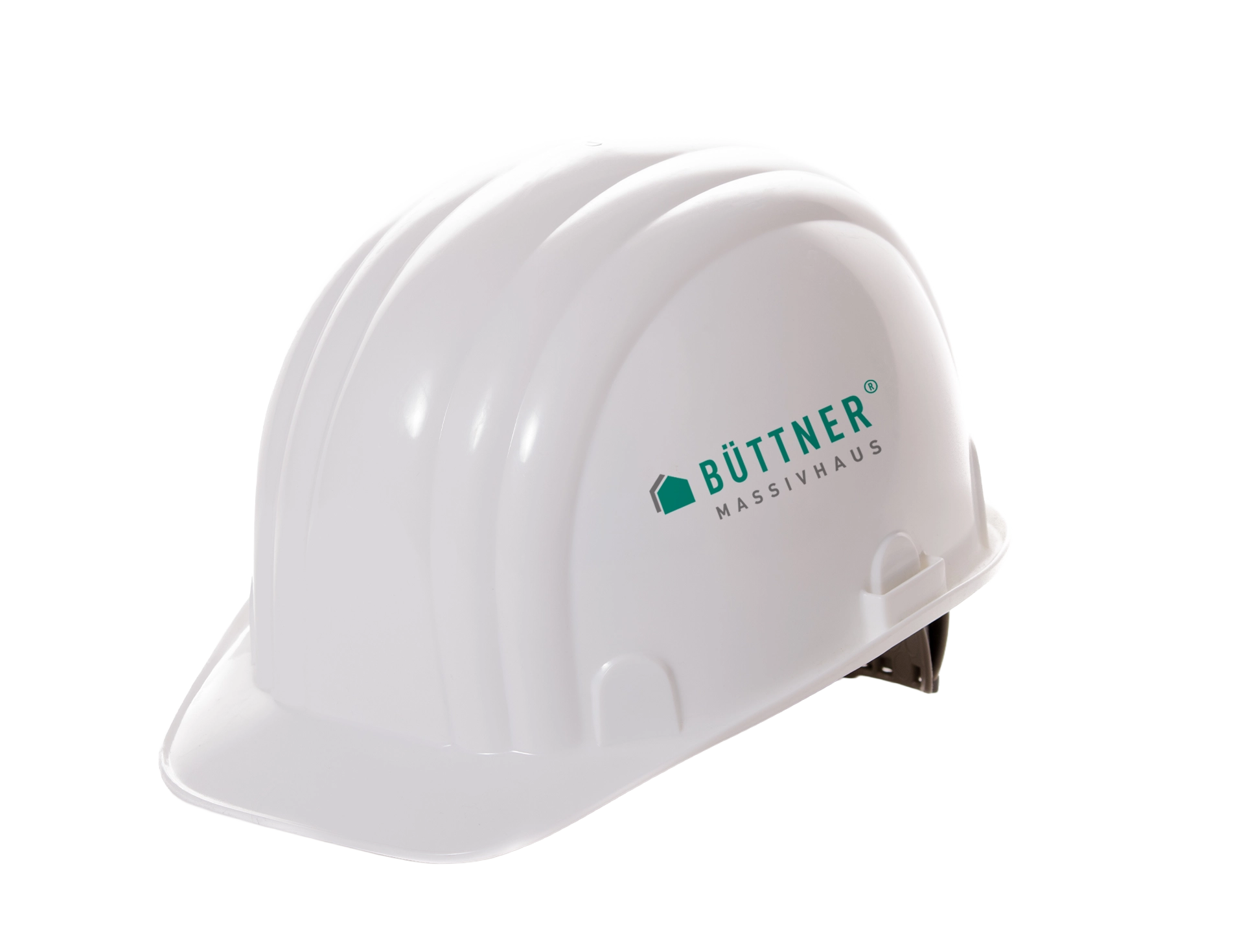 Weißer Bauhelm mit Büttner Logo.