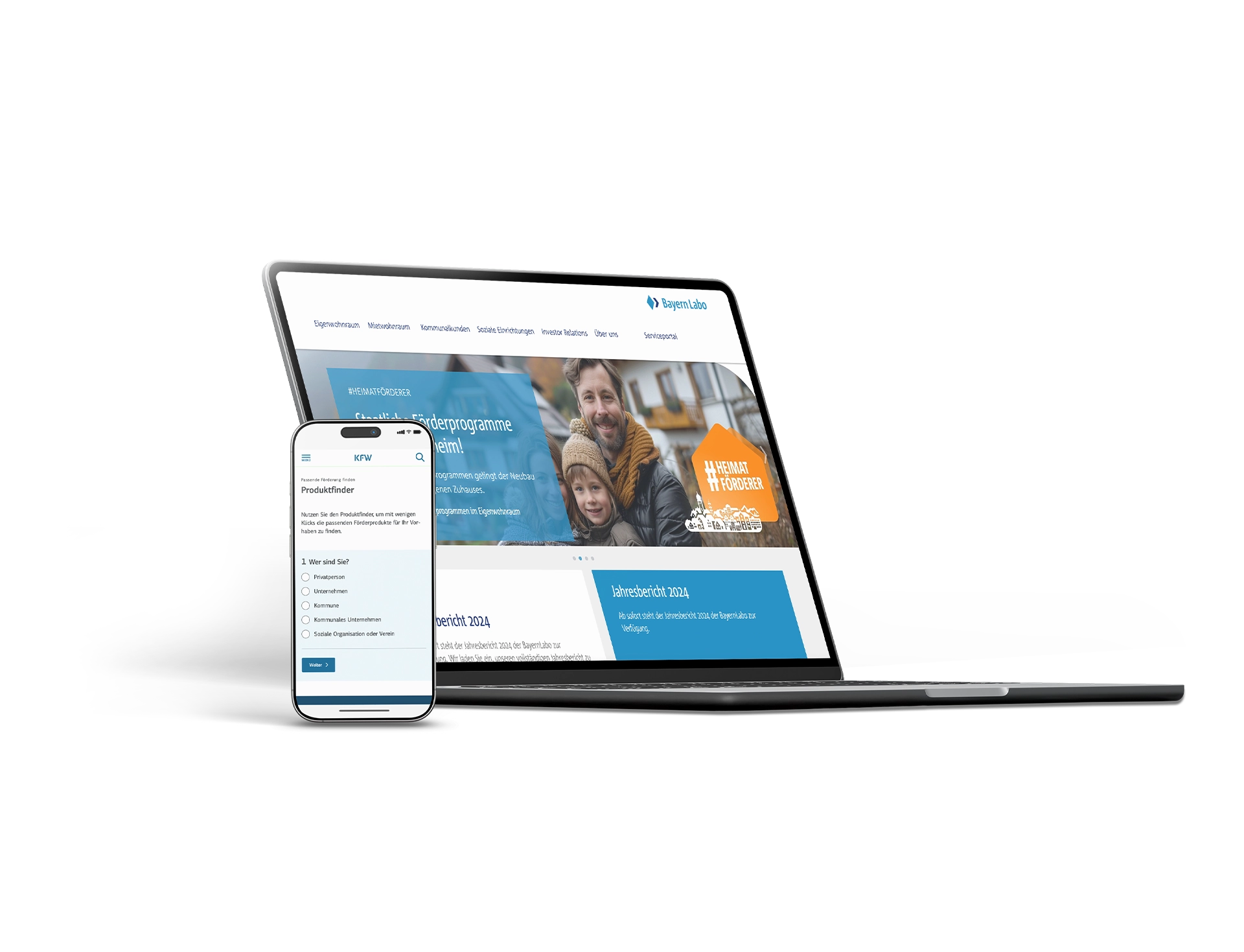 Laptop und Smartphone mit Website-Ansicht der BayernLabo und KfW.