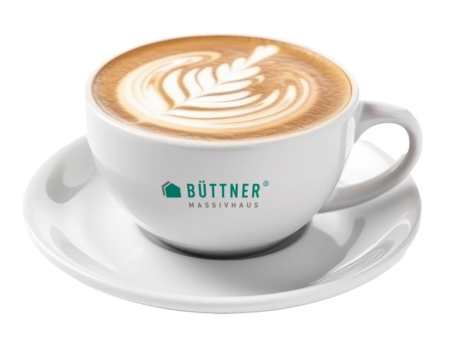 Eine Tasse Cappuccino mit Büttner Massivhaus Logo.