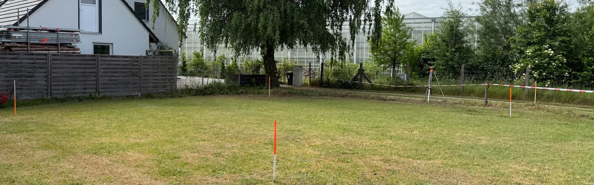 Rasenfläche mit Haus und Baum im Hintergrund.