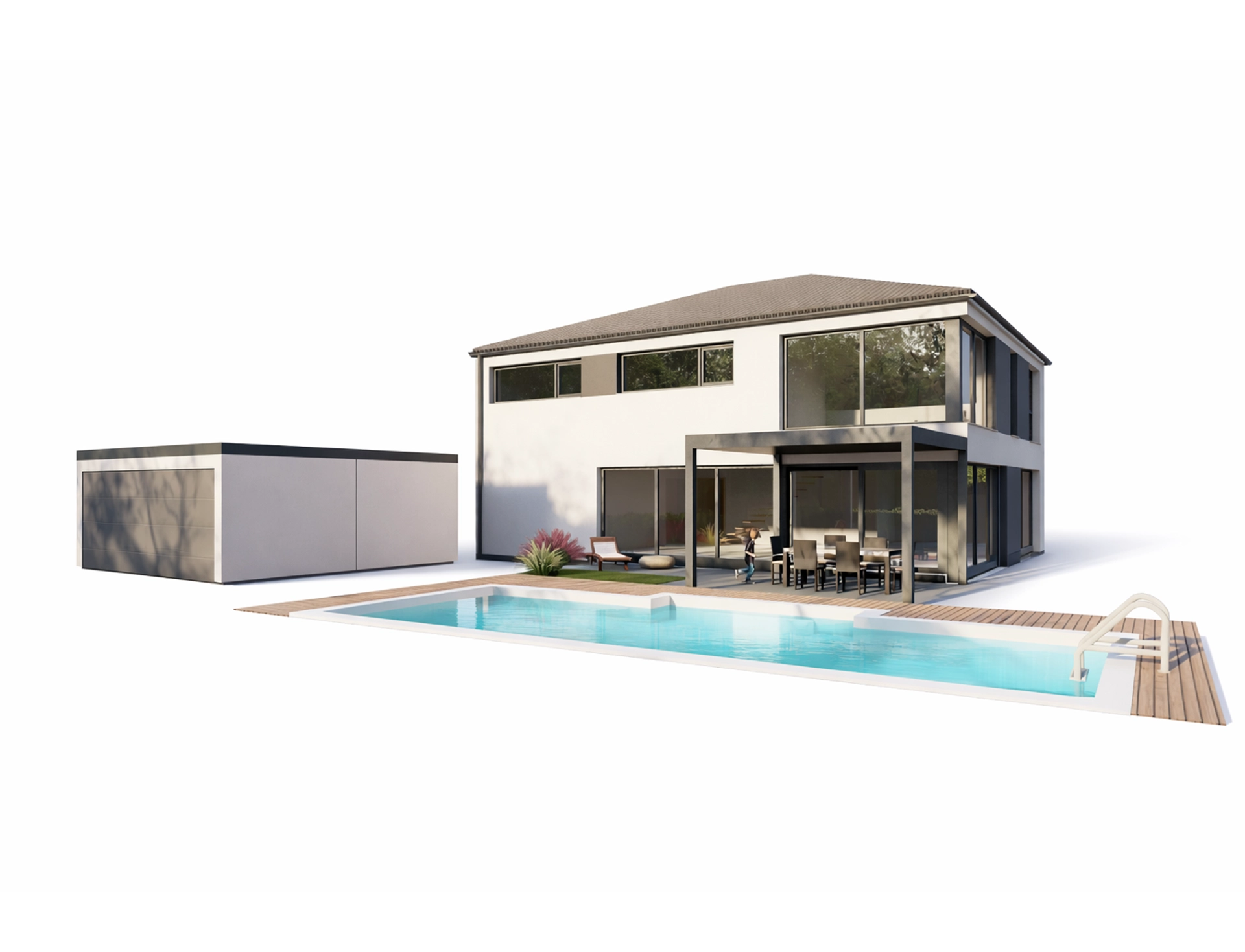 Modernes Haus mit Pool und Garage.