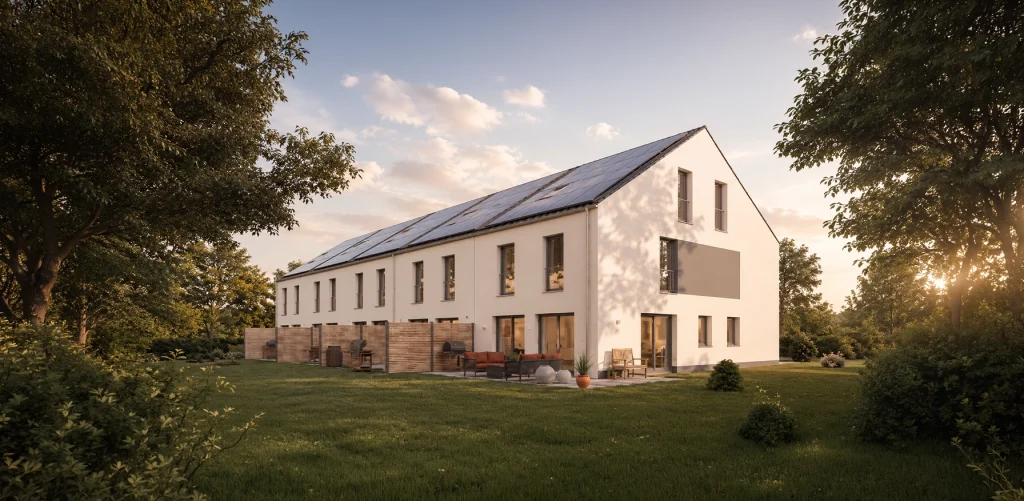 Perspektivansicht des Wohnquartiers Kirschgarten mit modernen Reihenhäusern, Satteldach, Photovoltaikanlagen und privaten Terrassen in grüner Umgebung.