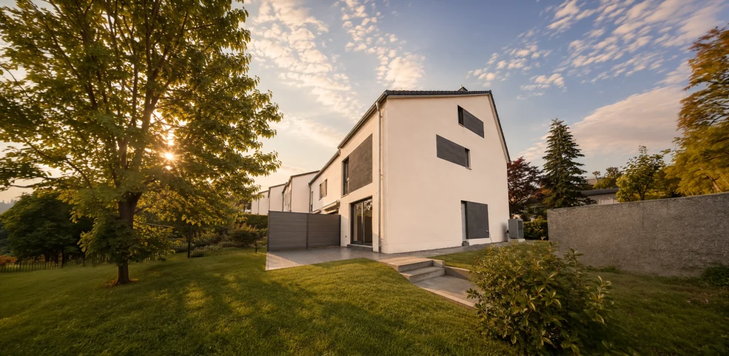 Moderne Reihenhäuser im Bauprojekt Kirschgarten mit privaten Gärten und Terrassen – harmonisch eingebettet in eine grüne Wohnlage mit großzügigen Freiflächen.