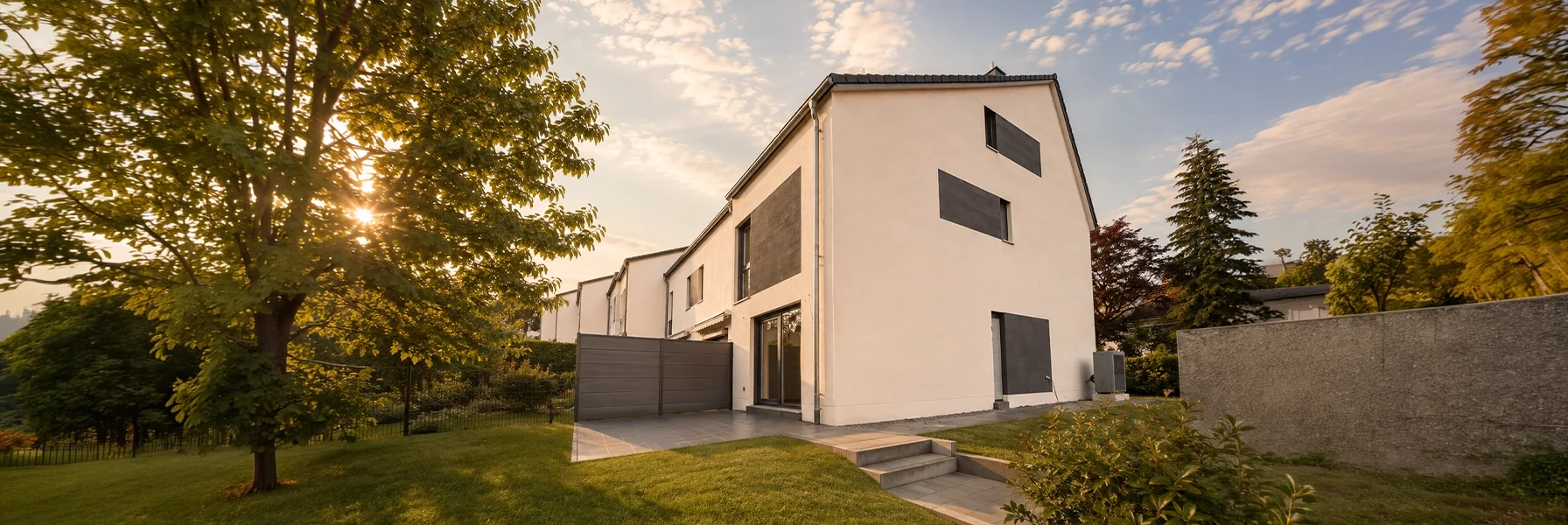 Moderne Reihenhäuser im Bauprojekt Kirschgarten mit privaten Gärten und Terrassen – harmonisch eingebettet in eine grüne Wohnlage mit großzügigen Freiflächen.