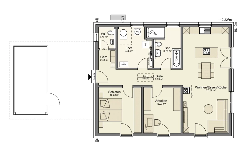Grundriss des Bungalows mit offenem Wohn-, Ess- und Küchenbereich, Schlafzimmer, Arbeitszimmer sowie Bad und Gäste-WC.