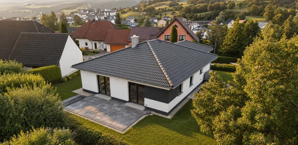 Moderner Büttner-Massivhaus Bungalow mit Walmdach, Terrasse und großzügigem Garten in sonniger Wohnlage.