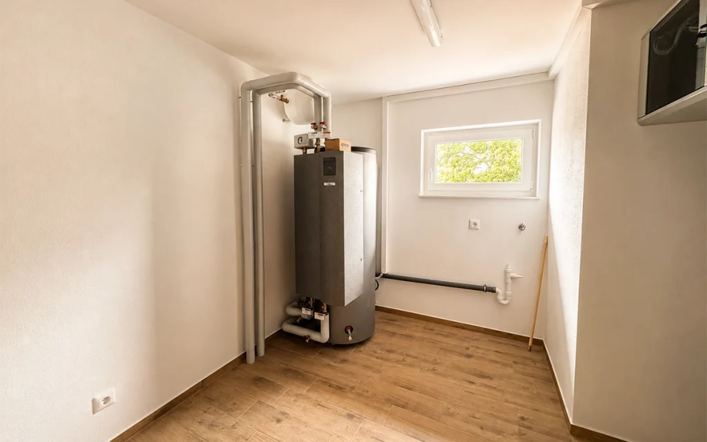 Heller Technikraum mit moderner Heizungsanlage und großzügigem Platzangebot.
