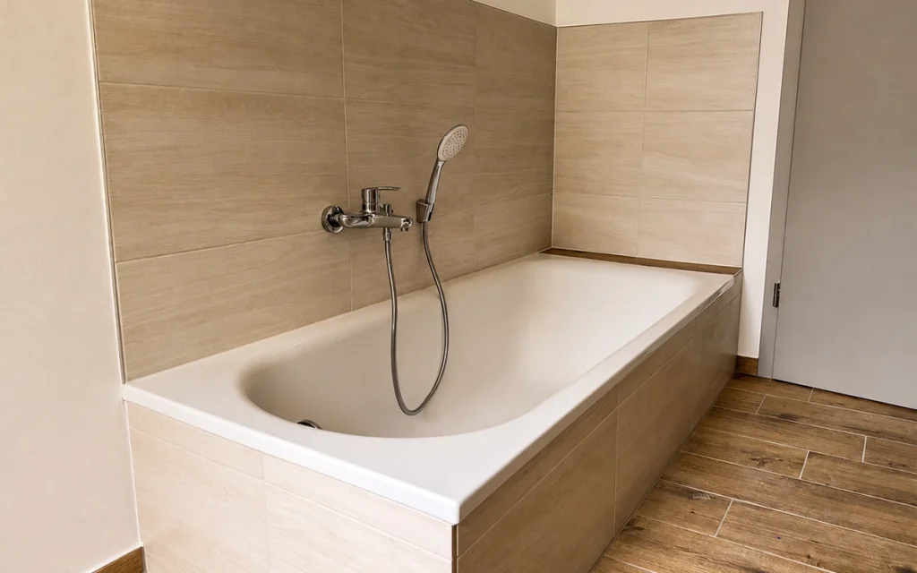 Modernes Badezimmer mit Badewanne, hellen Fliesen und zeitloser Ausstattung.