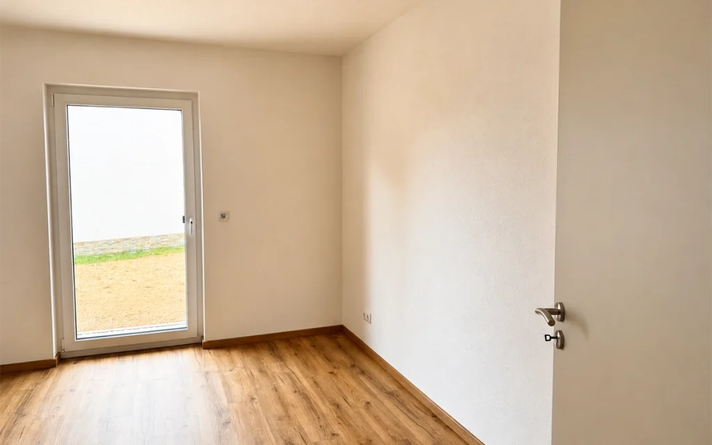 Helles Zimmer mit bodentiefem Fenster und hochwertigem Holzoptikboden.