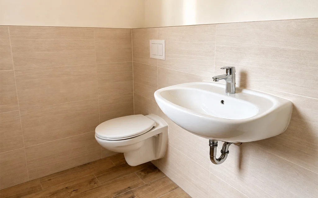Modernes Gäste-WC mit wandhängendem WC, Waschbecken und hellen Fliesen.