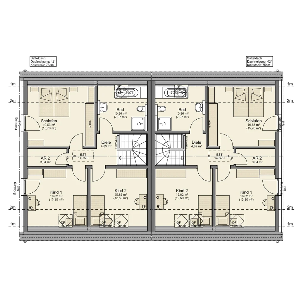 Grundriss Dachgeschoss des Simply Doppelhauses L mit drei Schlafzimmern und Familienbad.