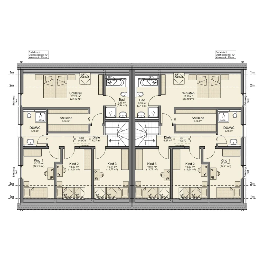 Grundriss Dachgeschoss des Simply Doppelhauses XL mit vier Schlafzimmern und Ankleide.
