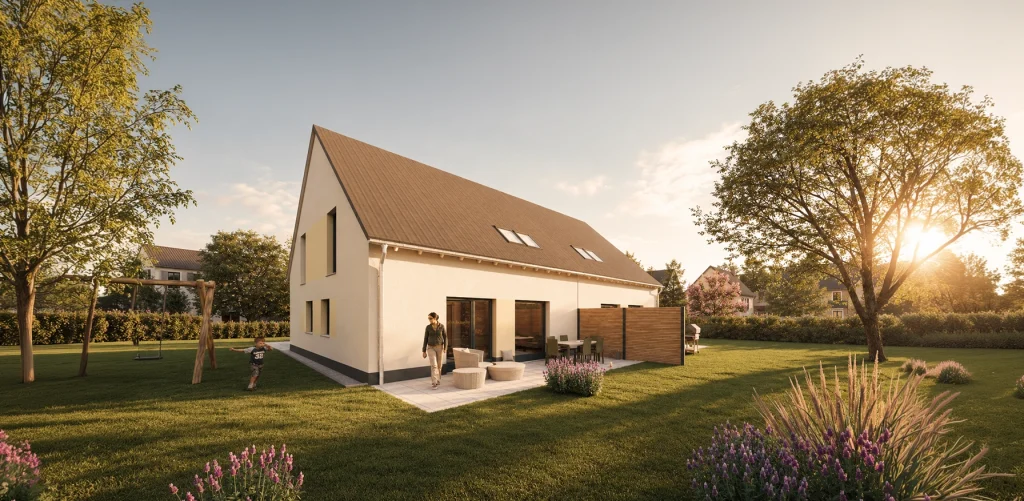 Simply Doppelhaus L mit Satteldach und großzügigem Garten.