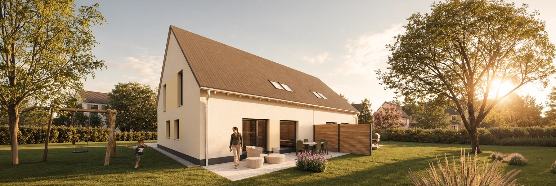 Simply Doppelhaus L mit Satteldach und großzügigem Garten.
