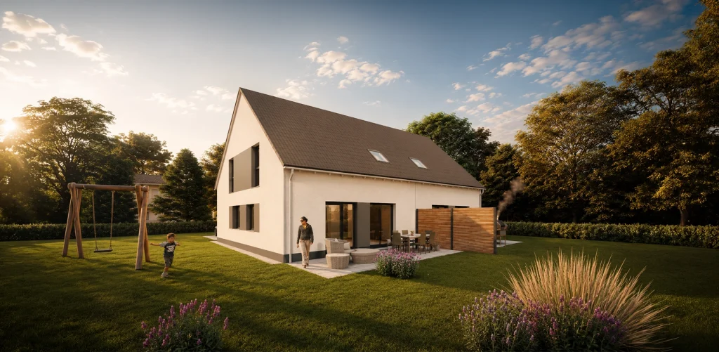 Simply Doppelhaus M mit Satteldach und großzügigem Garten.