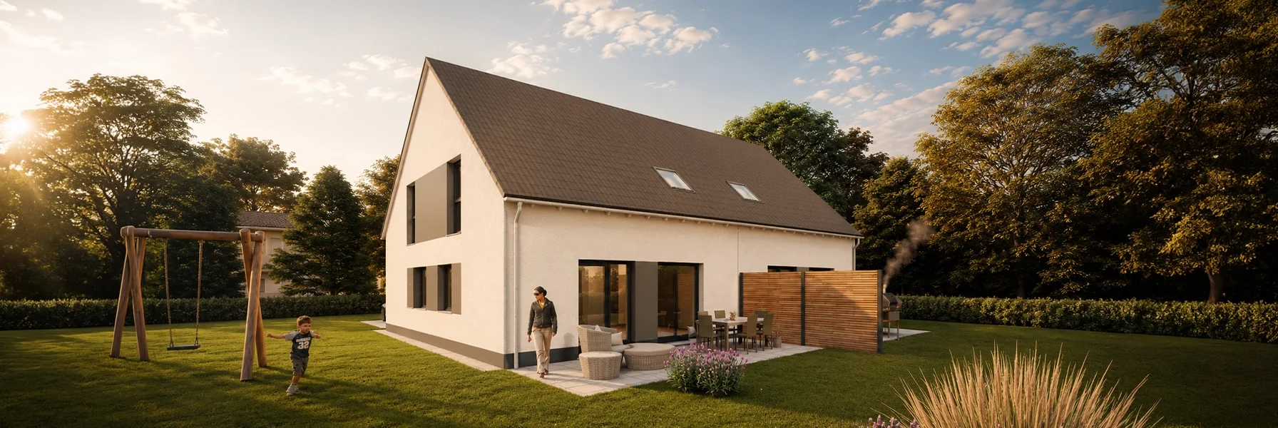 Simply Doppelhaus M mit Satteldach und großzügigem Garten.