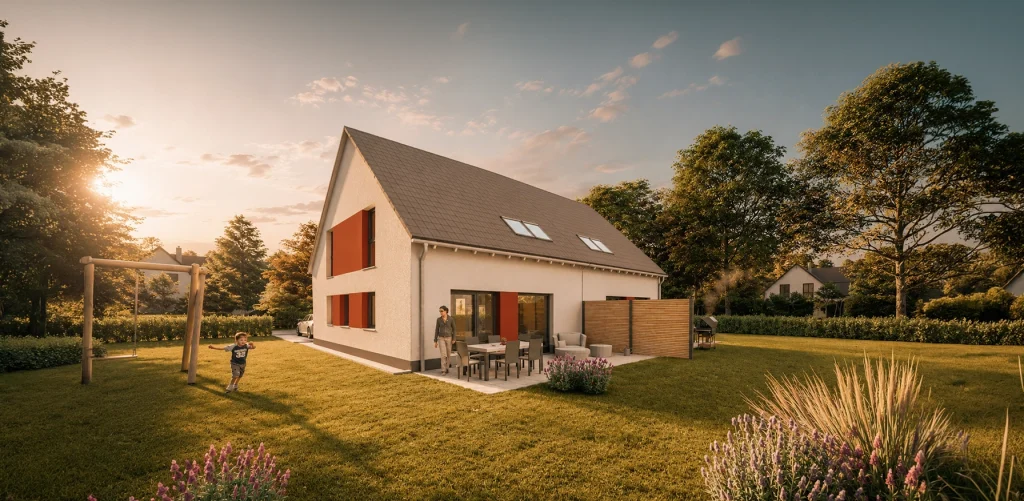 Simply Doppelhaus mit Satteldach und großzügigem Garten.
