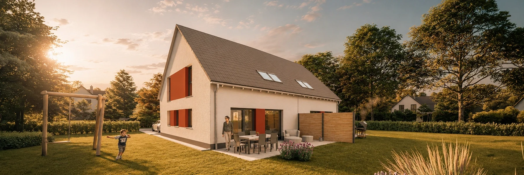 Simply Doppelhaus mit Satteldach und großzügigem Garten.