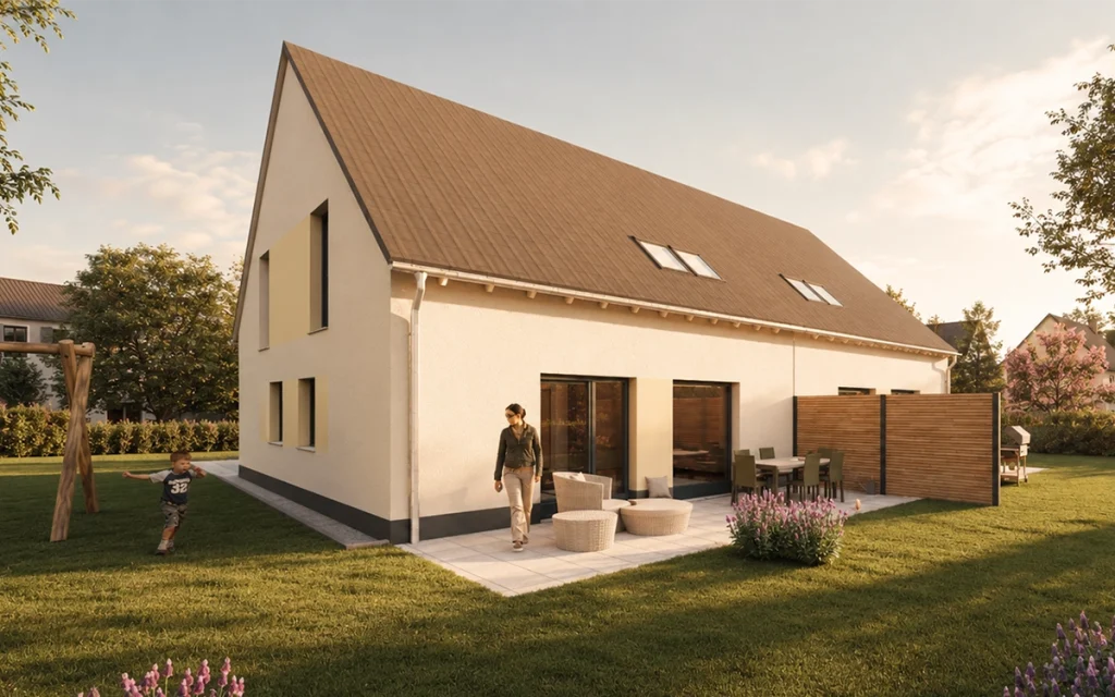 Gartenseite des Simply Doppelhauses L mit Terrasse und Sichtschutz.