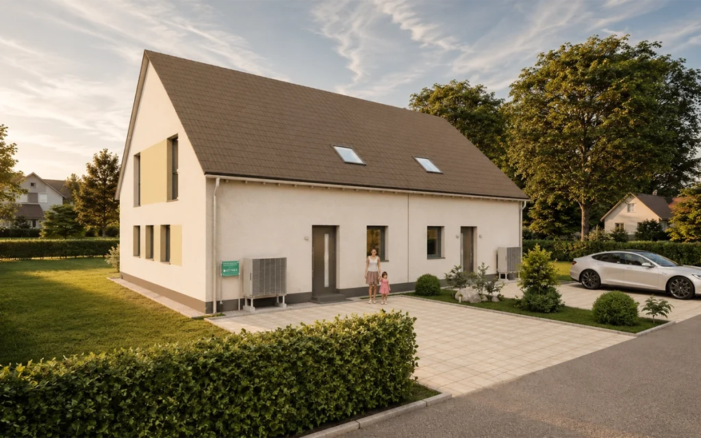 Außenansicht des Simply Doppelhauses L mit Stellplätzen und Satteldach.