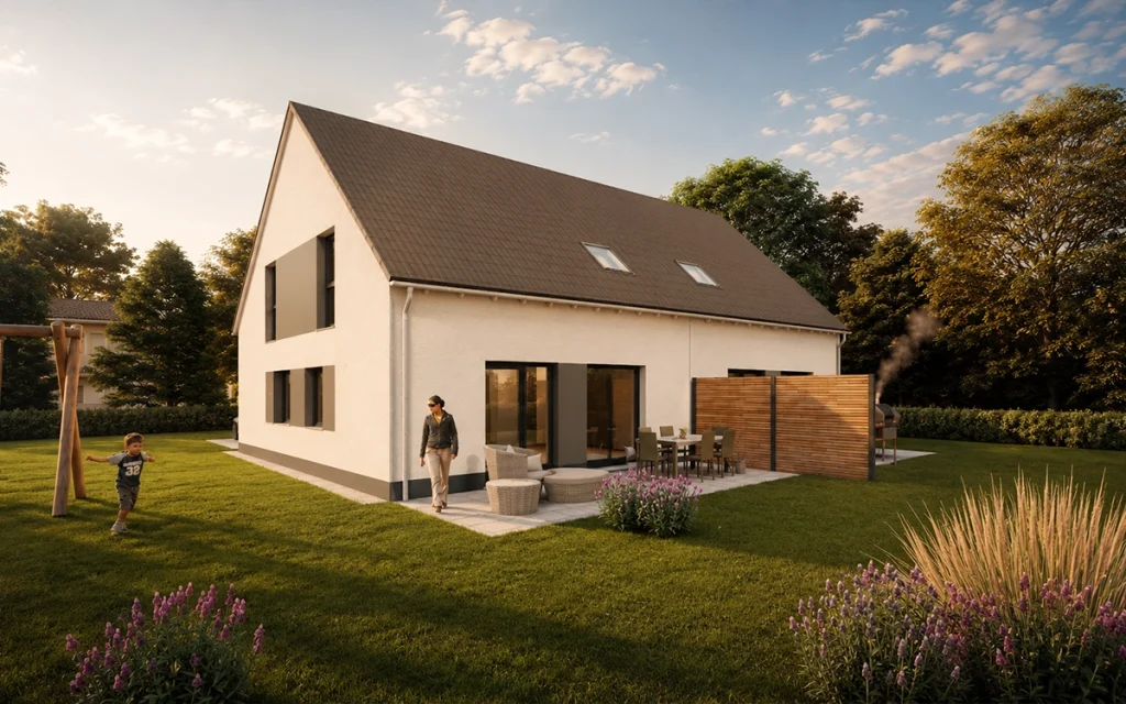 Gartenseite des Simply Doppelhauses M mit Terrasse und Sichtschutz.