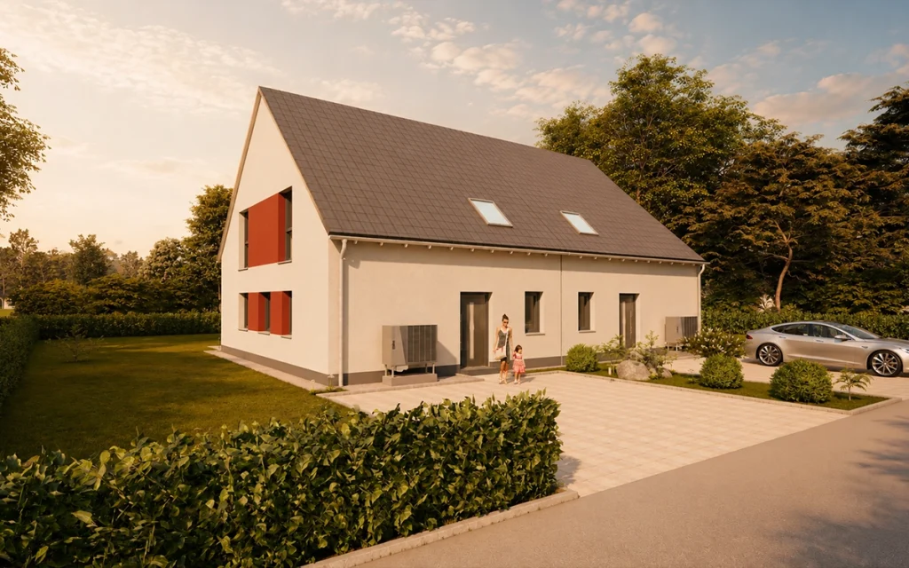 Straßenansicht des Simply Doppelhauses mit Satteldach und zwei Wohneinheiten.