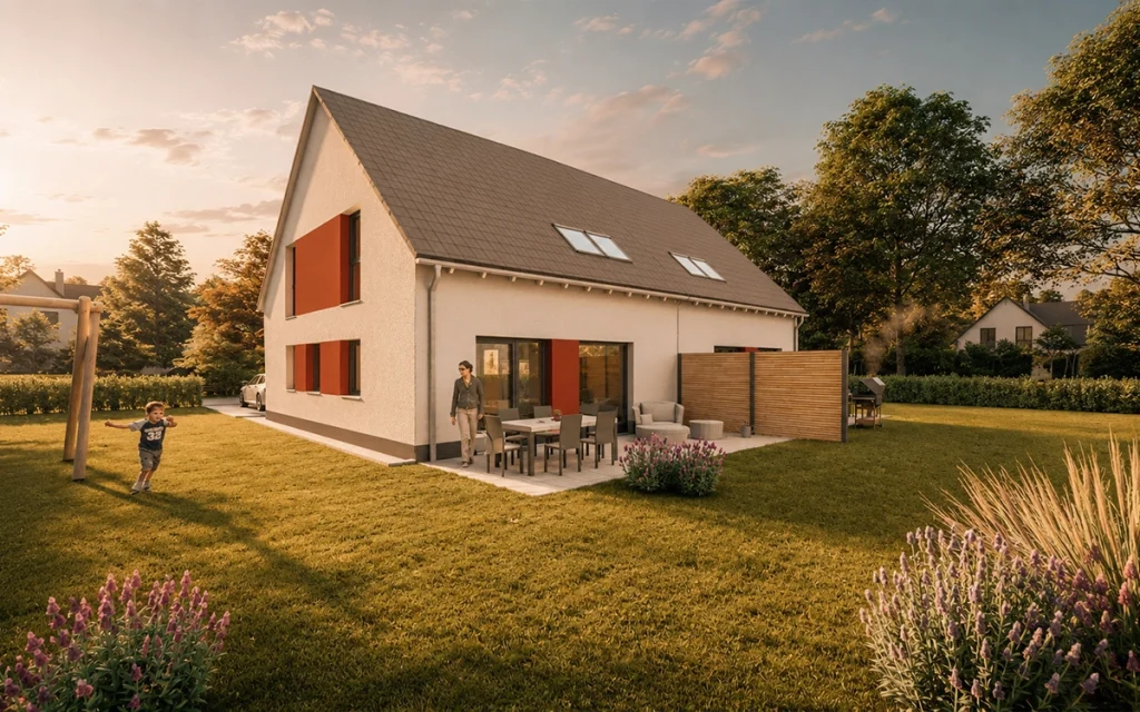Gartenseite des Simply Doppelhauses mit Terrasse und Familiengarten.
